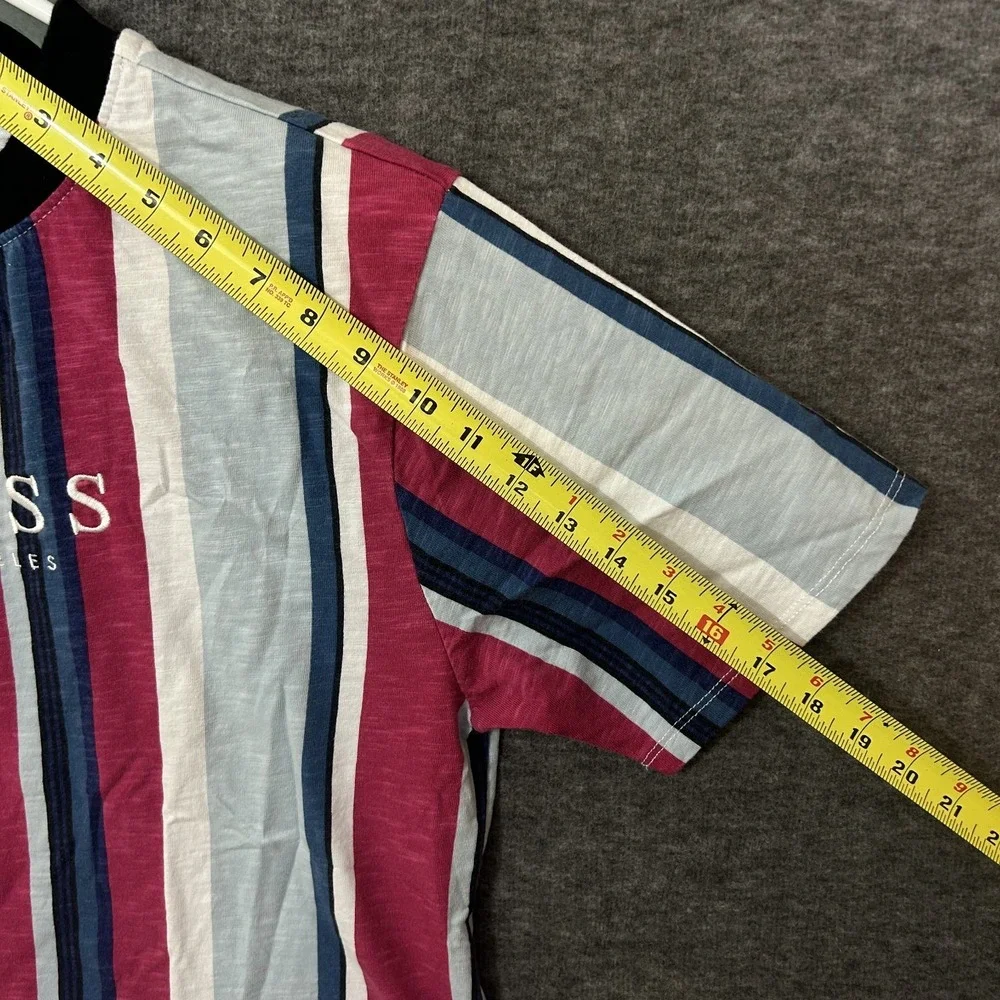 VTG 90 Guess Vertical Striped Embroidered Spellout Short Sleeve Shirt Size Small - Picture 14 of 14